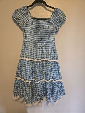 JESSAKE Girls' Gingham Blueberry Muffin Blue Dress Cotton 11-12Y